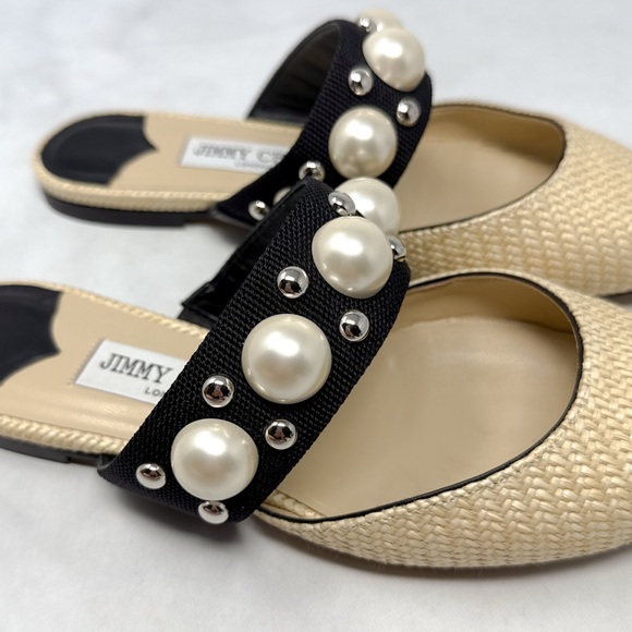 Jimmy Choo Basette Pearl Embellished Raffia Pointed Toe Slide Mule Flat Shoes 38 - Picture 7 of 16